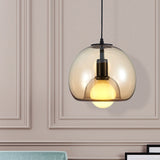 Contemporary Amber/Smoke Glass Dome Suspension Pendant - Black Hanging Lamp For Bedroom