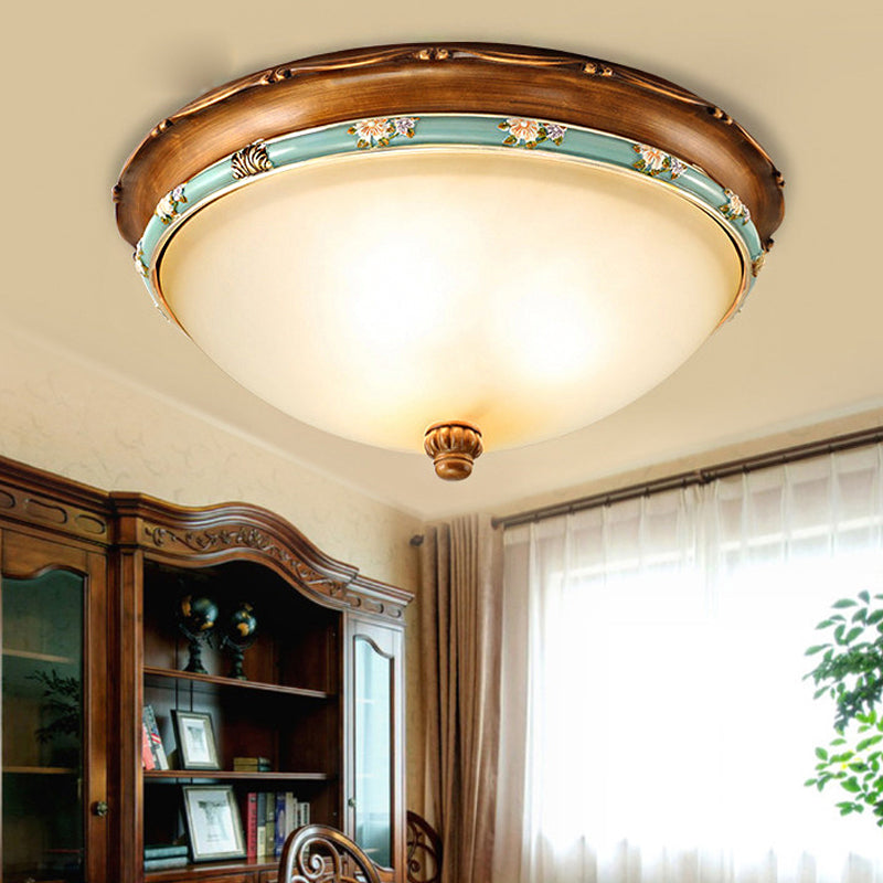 Traditional Brown Bowl Shaped Bedroom Ceiling Light Fixture - 3 Lights Frosted Glass 12.5/16/18.5
