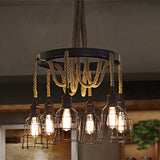 Vintage Style Black Metal Chandelier Pendant With Multi Lights And Rope - Global/Bell Cage Design /