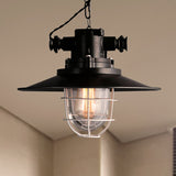 Nautical Metal Wire Cage Pendant Lamp With Saucer Shade And Bulb Black