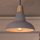 Industrial Style Ceiling Pendant - Cement & Wood Finish Grey/White Bowl Shade 1 Light Bedside