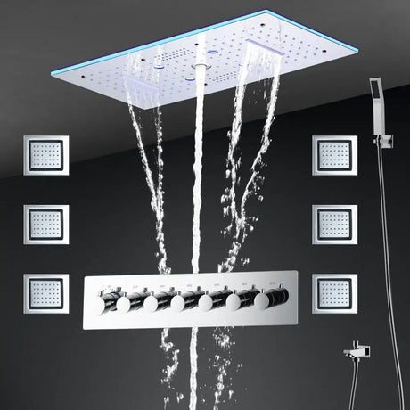 24x12 Inch 600x300mm Bluetooth Music LED Shower Head Panel Faucet Rain Mist Waterfall Column Thermostatic Mixer Valve