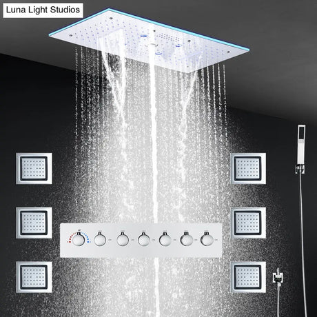 24x12 Inch 600x300mm Bluetooth Music LED Shower Head Panel Faucet Rain Mist Waterfall Column Thermostatic Mixer Valve