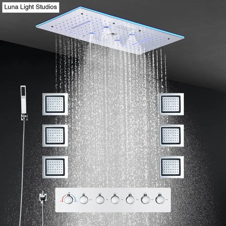 24x12 Inch 600x300mm Bluetooth Music LED Shower Head Panel Faucet Rain Mist Waterfall Column Thermostatic Mixer Valve