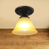 Vintage Black Semi Flush Ceiling Light With Bell Shade Opal/Amber Glass - Ideal For Living Room