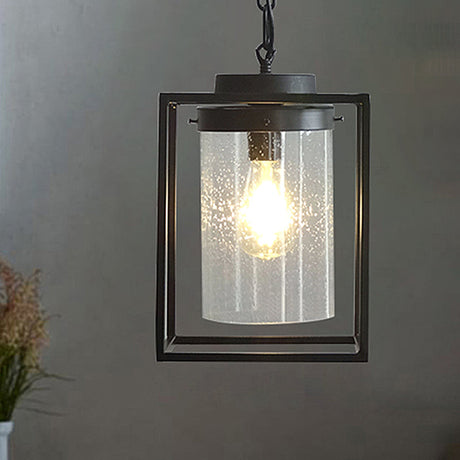 Industrial Seeded Glass Pendant With Black Cage For Indoor Lighting