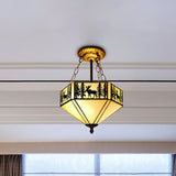 Rustic American Forest Deer Glass Ceiling Lamp - 11/18/22 Wide Semi Flush Mount Light In Beige / 11