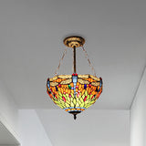 Dragonfly Stained Glass Ceiling Light - Rustic Tiffany Inverted Semi Flush Lamp (12/16 Wide Orange)