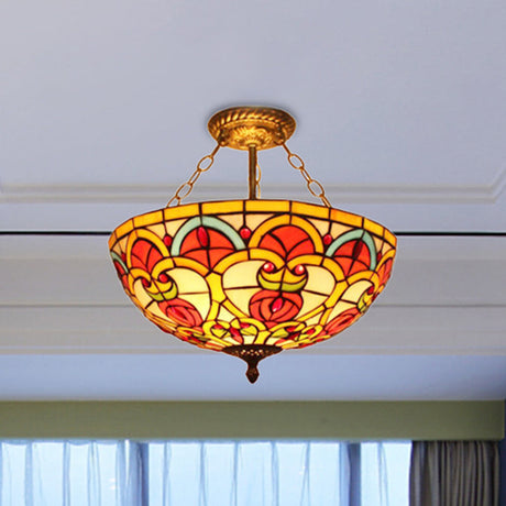 Tiffany Baroque Bowl Ceiling Light: Stained Glass Inverted Semi Flush Mount In Green/Red For Villas