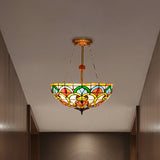 Tiffany Baroque Bowl Ceiling Light: Stained Glass Inverted Semi Flush Mount In Green/Red For Villas