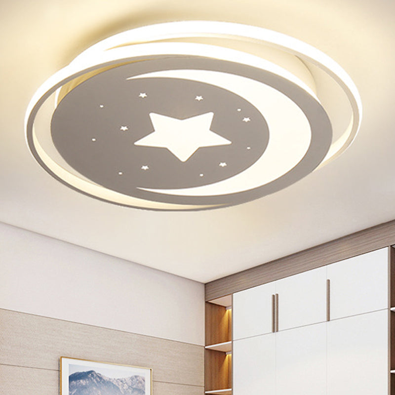 White Metal Moon&Star Ceiling Light - Creative Led Flush Mount For Kids’ Bedroom & Corridor