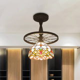 Tiffany Domed Semi Flush Mount Light: Wheel 1 Bulb Stained Glass Ceiling Light (Orange/Beige) For