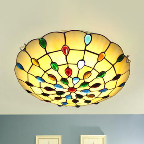 Rustic Loft Stained Glass Flush Mount Light In Beige/Yellow - 12/16/19.5 Diameter Bedroom Ceiling