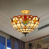 Victorian Stained Glass Bowl Semi Flush Light - Blue/Brown 3 Lights For Foyer Brown