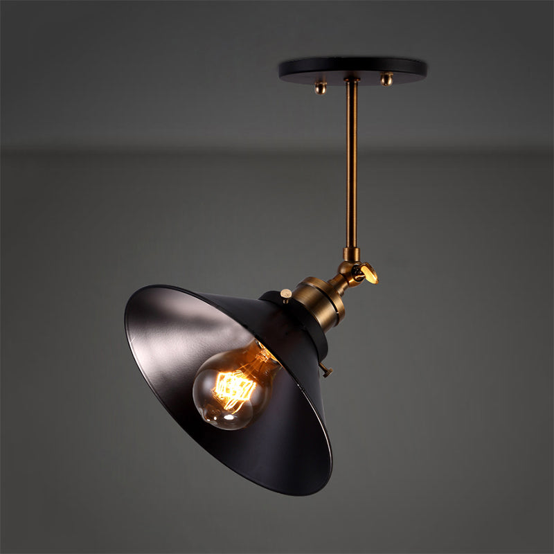 Vintage Black Metallic Semi-Flush Ceiling Light With Conical Bulb For Dining Room