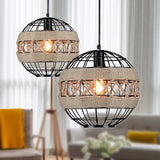 Rustic Black Sphere Pendant Light With Metal Frame And Rope - 1-Light Hanging Ceiling