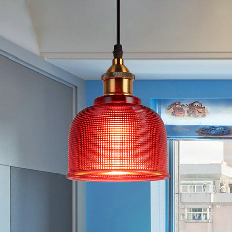 Industrial Brass Prismatic Glass Dome Pendant Light In Red/Bronze/Blue - Single-Light Fixture