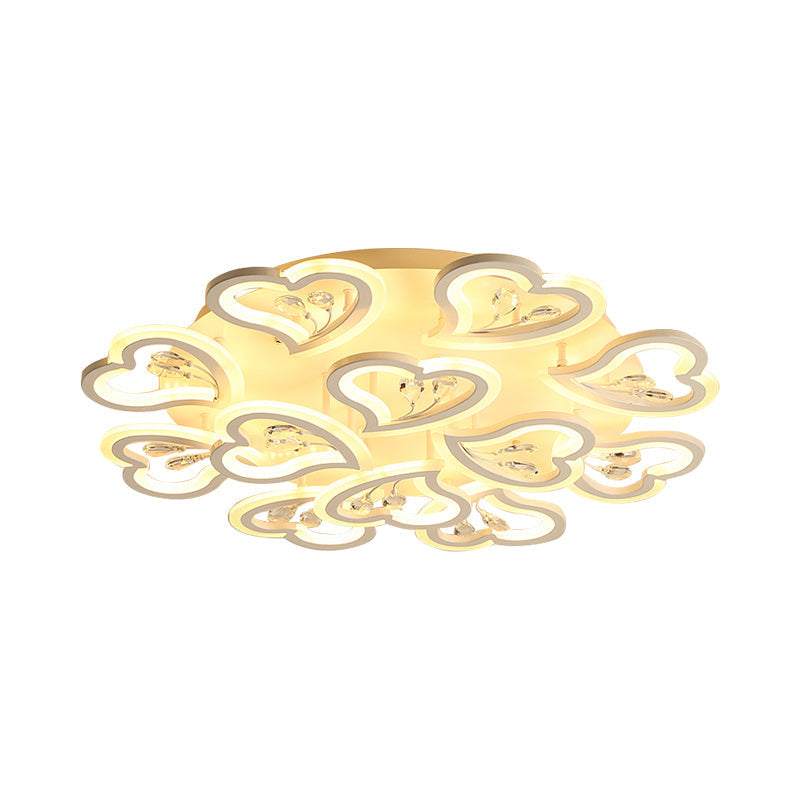 White Heart Shape Led Acrylic Ceiling Lamp - Modern Semi Flush Light With Crystal Accent