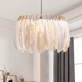 Romantic Feather & Metal Pendant Light For Adult Bedroom White 1-Light Drum Suspension