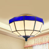 Tiffany Style Blue And White Stained Glass Flush Light For Foyer - Bowl Ceiling 1-Light Blue-White