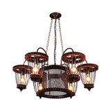 Rust Finish Large Cage Chandelier: Wrought Iron Industrial Pendant Light Fixture