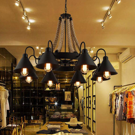 Vintage Industrial Chandelier: Large Rope & Cone Metal Shade Pendant Light For Coffee Shops