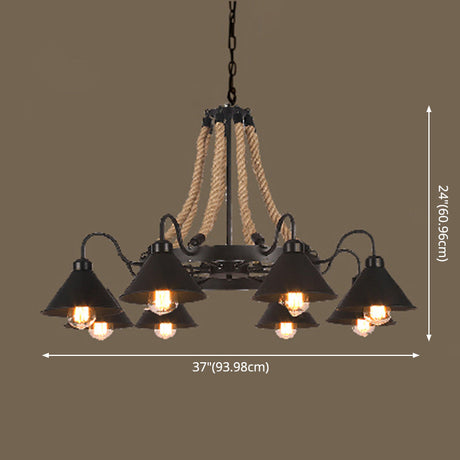 Vintage Industrial Chandelier: Large Rope & Cone Metal Shade Pendant Light For Coffee Shops