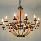 Industrial Rope Style Hanging Pendant Lamp With Adjustable Chain - Black Finish Candle Chandelier