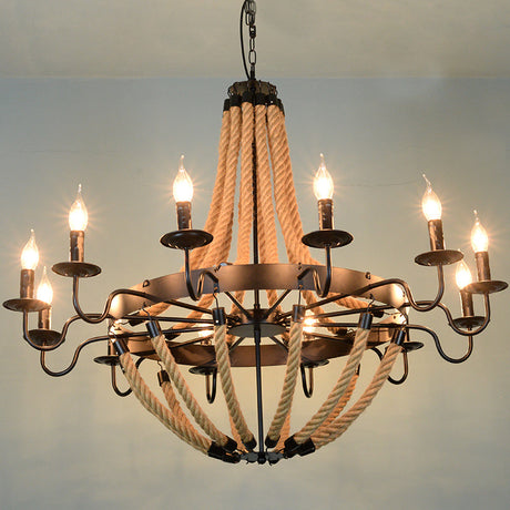 Industrial Rope Style Hanging Pendant Lamp With Adjustable Chain - Black Finish Candle Chandelier