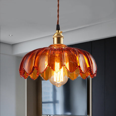 Vintage Scalloped Amber Glass Pendant Light For Corridors - Single Bulb Hanging Fixture 8/10/12 Wide