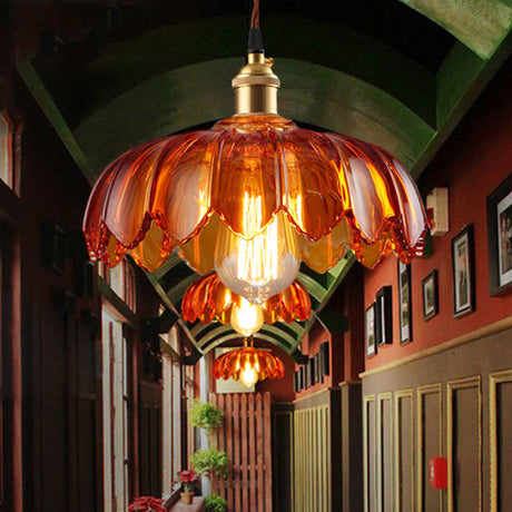 Vintage Scalloped Amber Glass Pendant Light For Corridors - Single Bulb Hanging Fixture 8/10/12 Wide