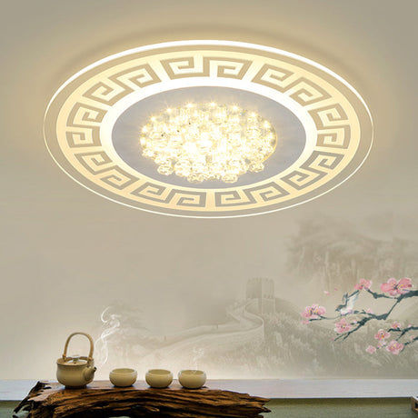 Modern Led White Flush Mount Ceiling Light Fixture With Crystal Accents - Extra-Thin Round Acrylic