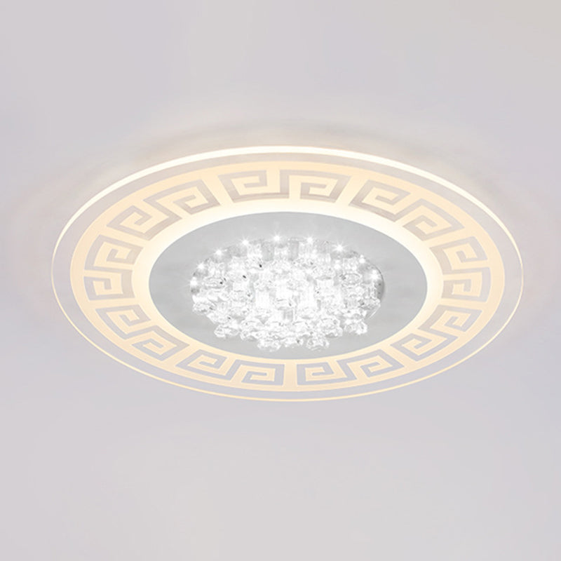 Modern Led White Flush Mount Ceiling Light Fixture With Crystal Accents - Extra-Thin Round Acrylic