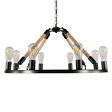Circular Black Metal Industrial Art Chandelier With Exposed Bulb Rope Drop