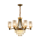 Textured Crystal Cylinder Hanging Light In Gold - 6/8 Head Postmodern Chandelier For Dining Room