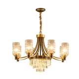 Textured Crystal Cylinder Hanging Light In Gold - 6/8 Head Postmodern Chandelier For Dining Room