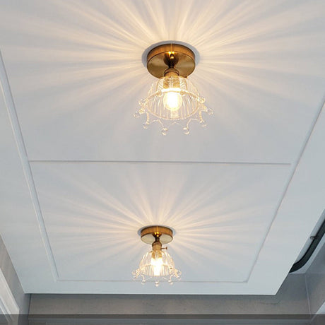 Brass Crown 1 Light Ceiling With Clear Stripes Glass Shade - Contemporary Aisle Lighting Fixture