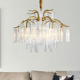 Tri-Sided Crystal Rod Chandelier - Elegant Gold Curved Arm Hanging Light Fixture 7 Heads Postmodern