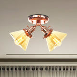 Vintage Style Semi Flush Mount Restaurant Ceiling Light With Conic Amber/Clear Glass Shade - 2 Heads