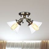 Vintage Style Semi Flush Mount Restaurant Ceiling Light With Conic Amber/Clear Glass Shade - 2 Heads