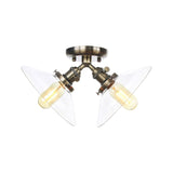 Industrial Conical Restaurant Semi Flush Light With Clear Glass - 2 Lights Ceiling Mount In