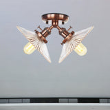 Flared Shade Ceiling Mount Light With Clear Ribbed Glass - 2 Heads Ideal For Restaurants Black/Brass