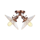 Flared Shade Ceiling Mount Light With Clear Ribbed Glass - 2 Heads Ideal For Restaurants Black/Brass
