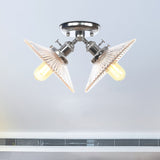 Flared Shade Ceiling Mount Light With Clear Ribbed Glass - 2 Heads Ideal For Restaurants Black/Brass