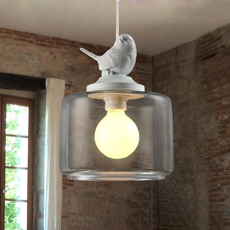 Contemporary Clear Glass Drum Pendant Light With Bird Decoration For Restaurants