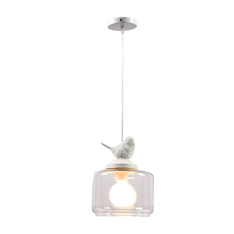 Contemporary Clear Glass Drum Pendant Light With Bird Decoration For Restaurants