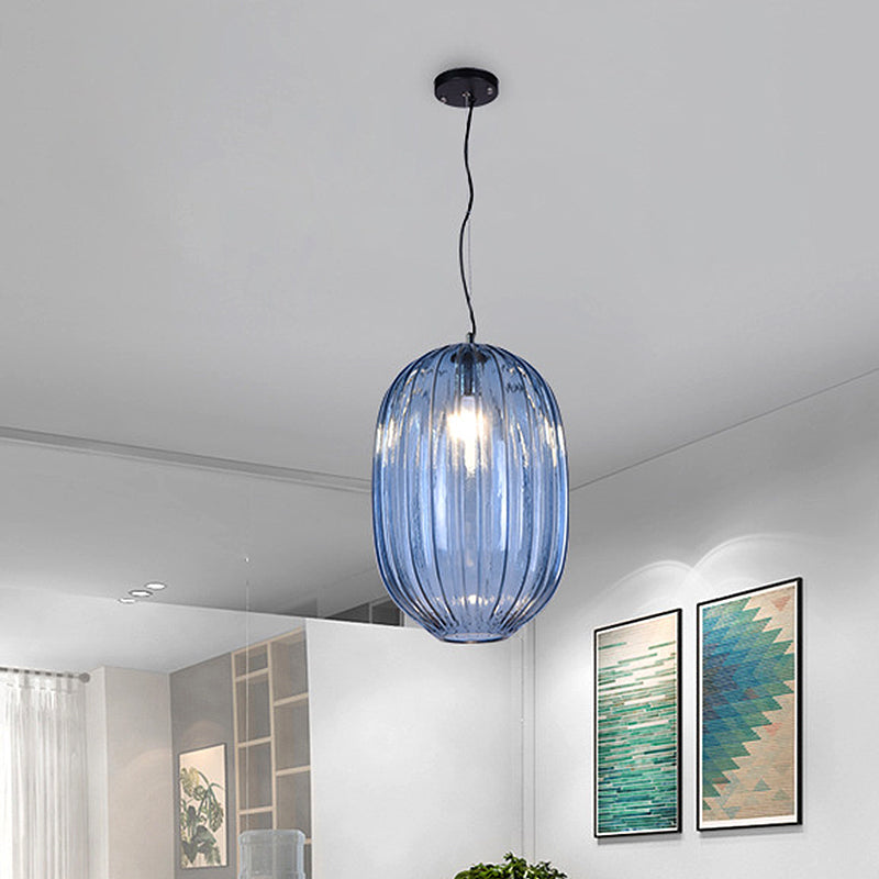 Vintage Blue Glass Lantern Pendant Light Fixture - 1 Head Suspension For Living Room