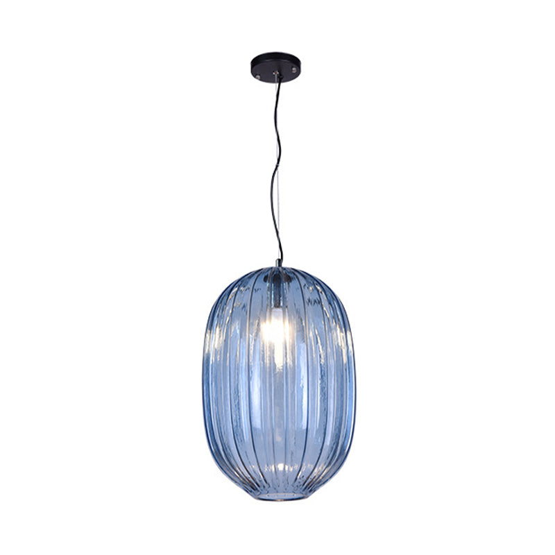 Vintage Blue Glass Lantern Pendant Light Fixture - 1 Head Suspension For Living Room
