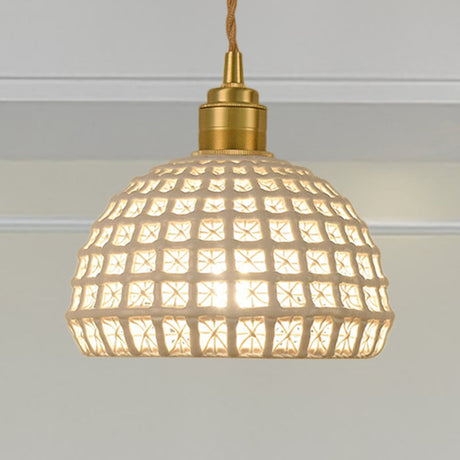 Vintage Ceramic Dome Lamp With Hollow Out Design - Blue/Pink Suspended Light
