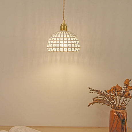 Vintage Ceramic Dome Lamp With Hollow Out Design - Blue/Pink Suspended Light
